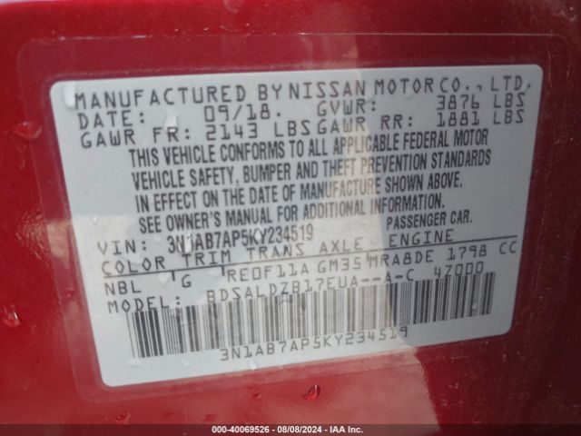 3N1AB7AP5KY234519 Nissan Sentra S/sv/sr/sl