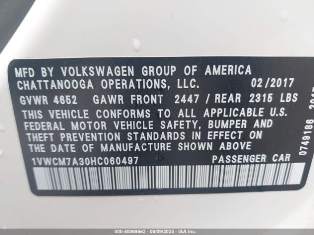 1VWCM7A30HC060497 Volkswagen Passat V6 Sel Premium