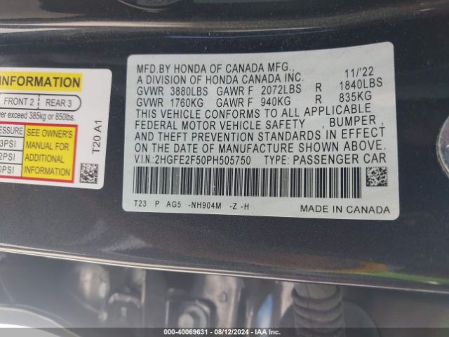 2HGFE2F50PH505750 Honda Civic Sport