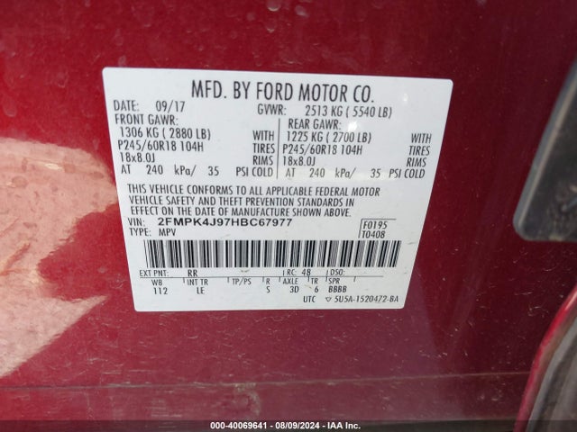 Ford EDGE SEL 2017 2FMPK4J97HBC67977 Image 9