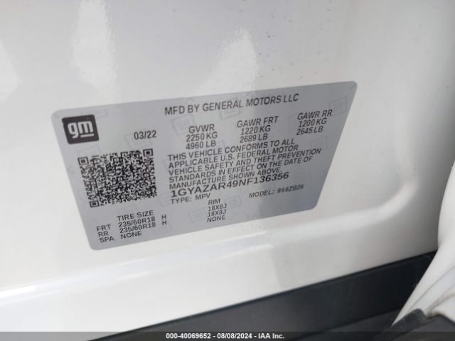 1GYAZAR49NF136356 Cadillac Xt4 Fwd Luxury
