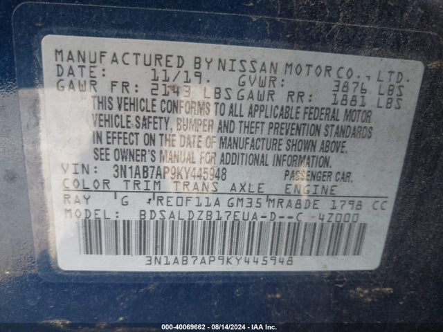 Nissan SENTRA SV 2019 3N1AB7AP9KY445948 Image 9