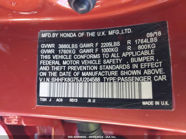 SHHFK8G75JU204588 Honda Civic Type R Touring