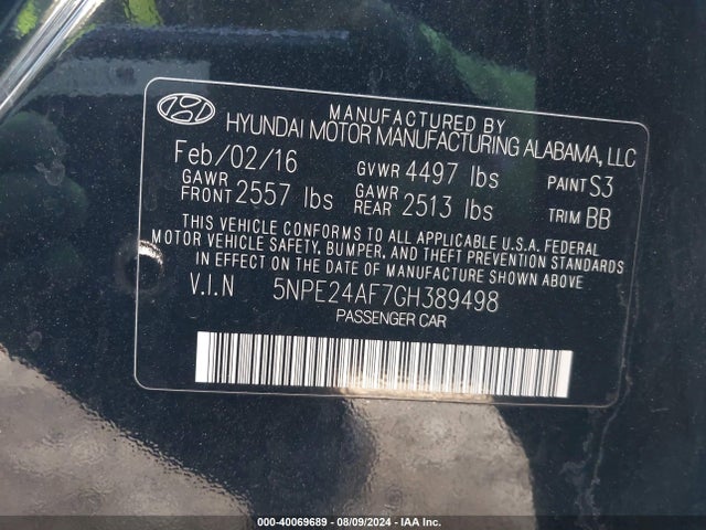 Hyundai SONATA SE 2016 5NPE24AF7GH389498 Image 9