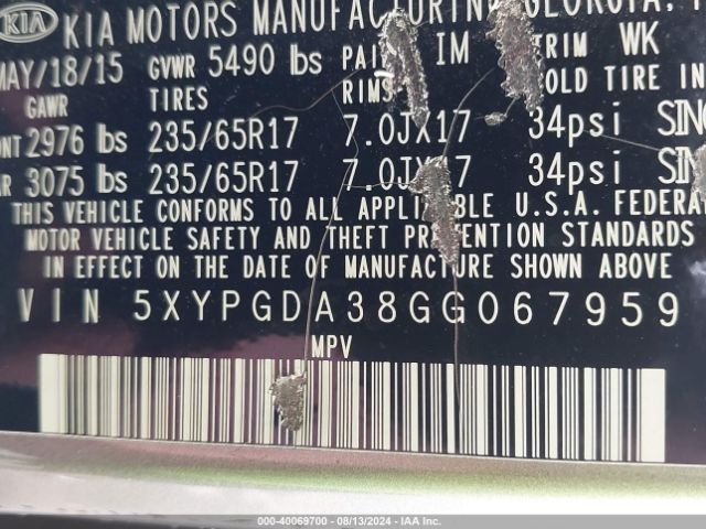 5XYPGDA38GG067959 KIA Sorento 2.4l Lx