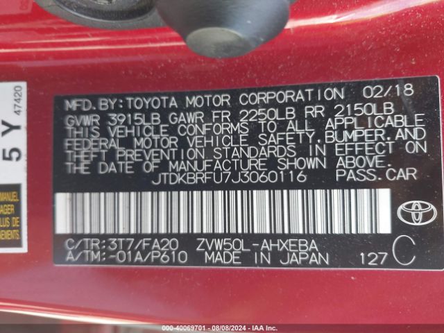 JTDKBRFU7J3060116 Toyota Prius Two