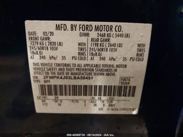 2FMPK4J93LBA59491 Ford EDGE SEL
