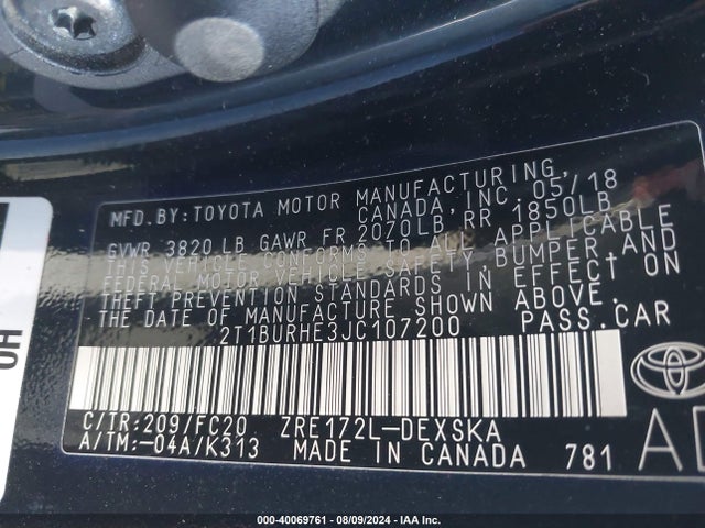 Toyota COROLLA SE 2018 2T1BURHE3JC107200 Image 9