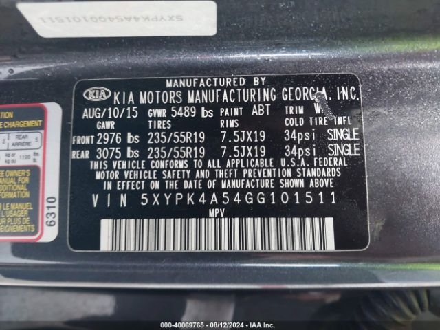 5XYPK4A54GG101511 KIA Sorento 3.3l Sxl
