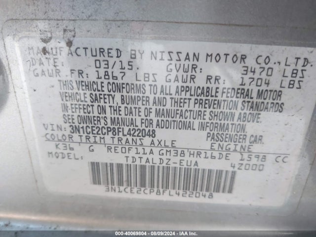 3N1CE2CP8FL422048 Nissan Versa Note S (sr)/s Plus/sl/sr/sv