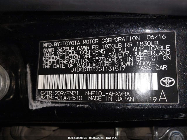 Toyota Prius C Two 2016 JTDKDTB37G1131517 Image 9