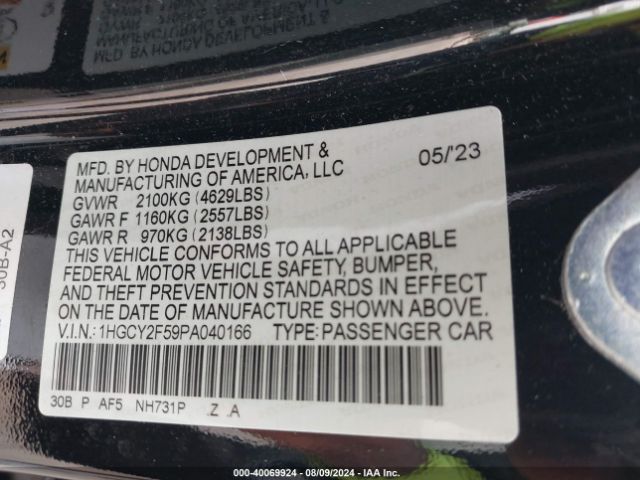 1HGCY2F59PA040166 Honda Accord Hybrid Sport