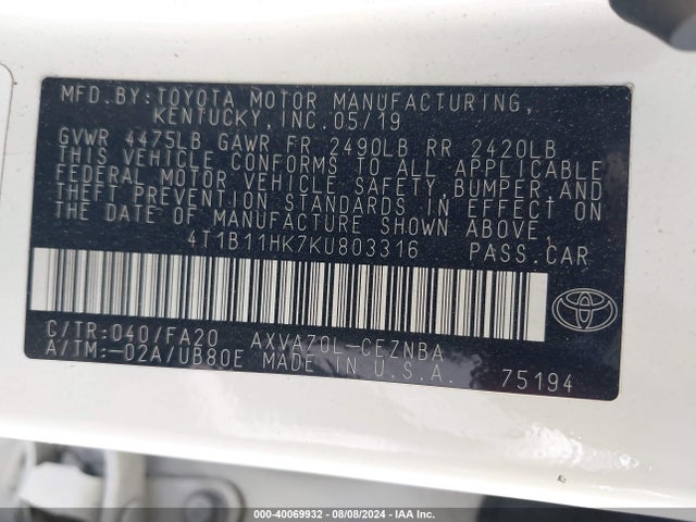 Toyota CAMRY LE 2019 4T1B11HK7KU803316 Image 9