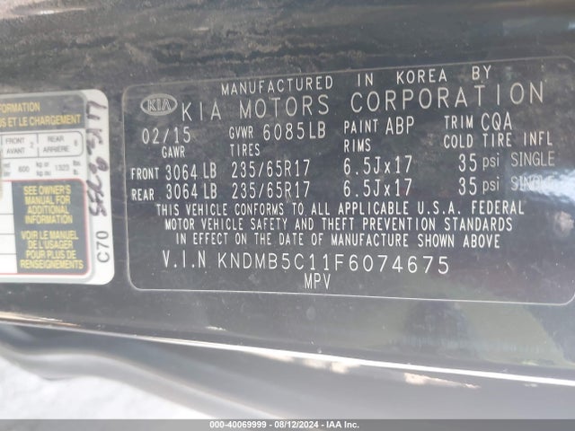 KIA SEDONA LX 2015 KNDMB5C11F6074675 Image 9
