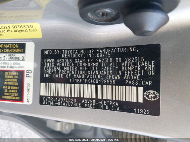 4T1BF1FK4GU128956 Toyota CAMRY XSE