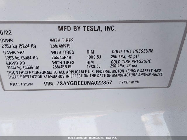 2022 TESLA MODEL Y 7SAYGDEE0NA022857 Photo 8