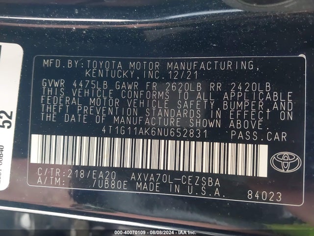 Toyota CAMRY SE 2022 4T1G11AK6NU652831 Image 9