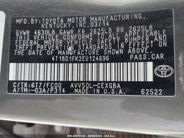 4T1BD1FK2EU124696 Toyota Camry Hybrid Xle