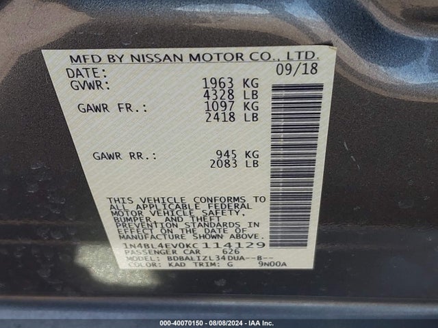 Nissan Altima 2.5 Sl 2019 1N4BL4EV0KC114129 Image 9