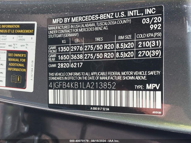 4JGFB4KB1LA213852 Mercedes-Benz Gle 350 4matic