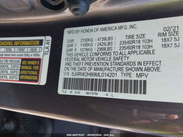 5J6RW2H89ML014201 Honda Cr-v Awd Ex-l