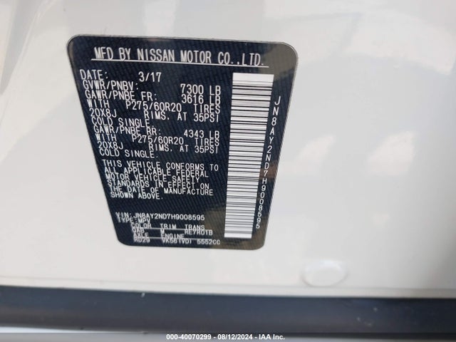 Nissan Armada Sl 2017 JN8AY2ND7H9008595 Image 9
