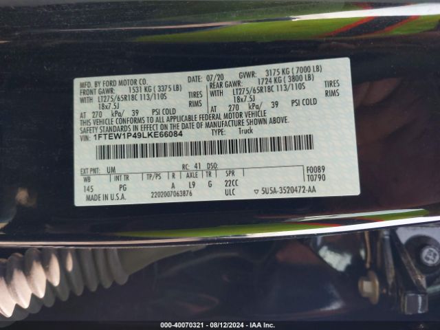 1FTEW1P49LKE66084 Ford F-150 Police Responder Xl