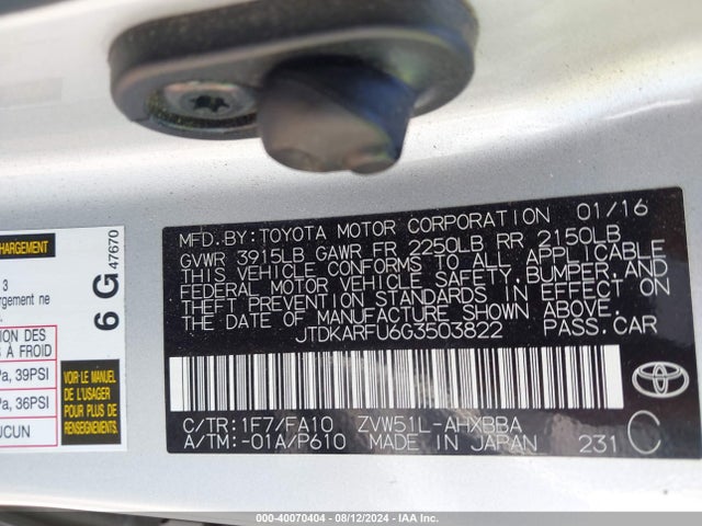 Toyota Prius Two Eco 2016 JTDKARFU6G3503822 Image 9