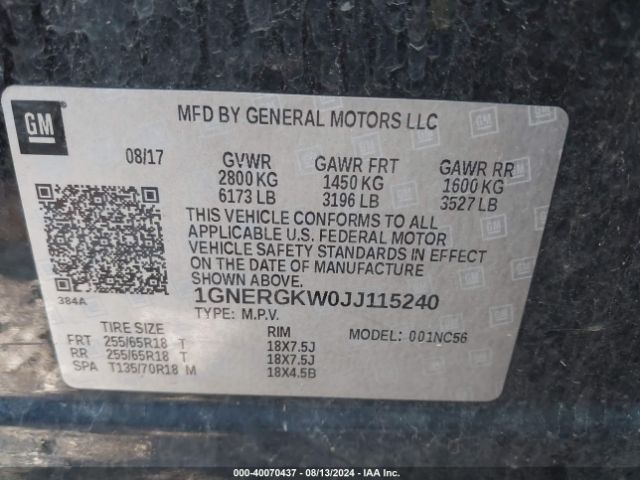 1GNERGKW0JJ115240 Chevrolet Traverse 1lt