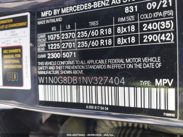 W1N0G8DB1NV327404 Mercedes-Benz Glc 300 Suv