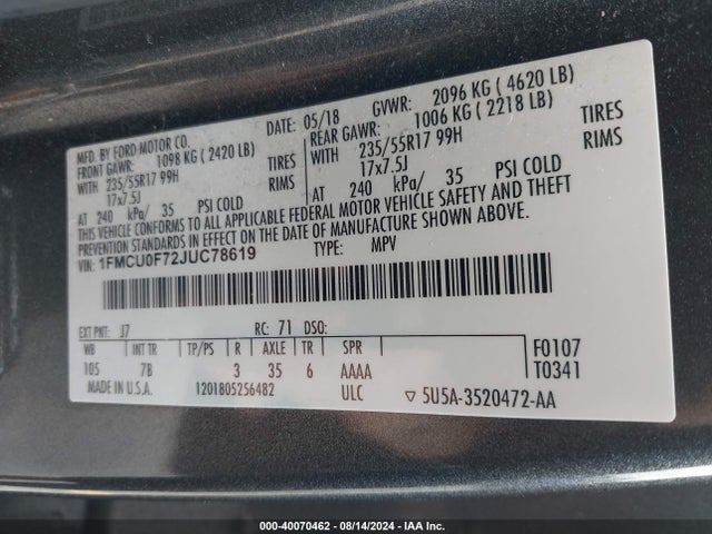 Ford ESCAPE S 2018 1FMCU0F72JUC78619 Image 9