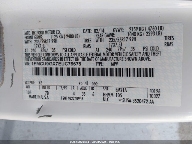 Ford ESCAPE SE 2014 1FMCU9GX7EUC76678 Image 9