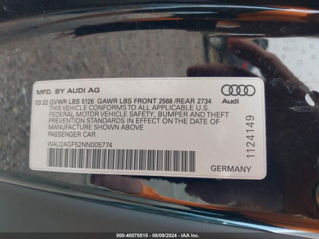 WAU2AGF52NN005774 Audi A5 Cabriolet Premium 45 Tfsi Quattro S Tronic