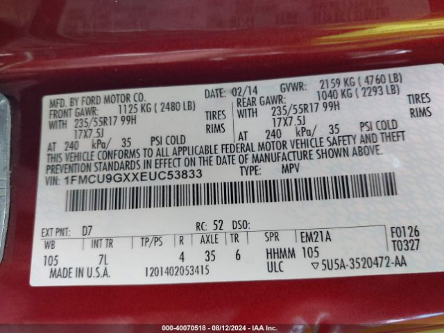 1FMCU9GXXEUC53833 Ford ESCAPE SE