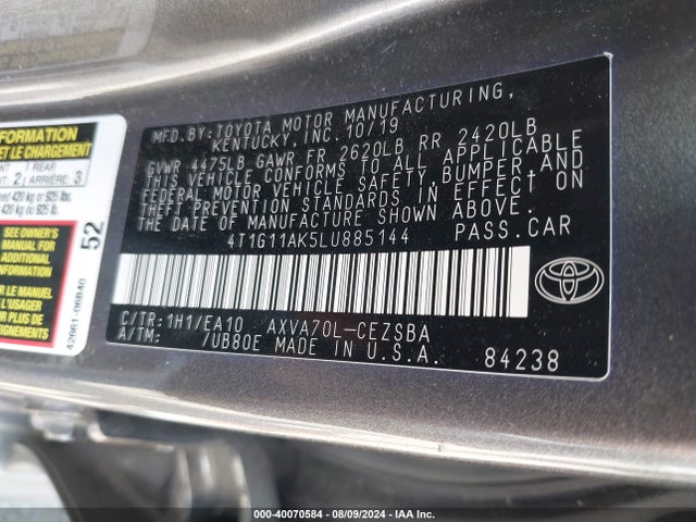 Toyota CAMRY SE 2020 4T1G11AK5LU885144 Image 9