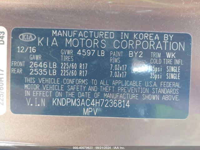 KNDPM3AC4H7236814 KIA Sportage Lx