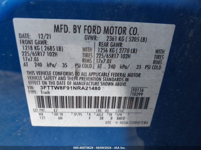 3FTTW8F91NRA21480 Ford Maverick Lariat
