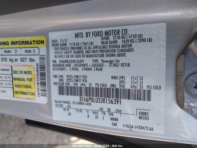 Ford Fusion Hybrid Se 2018 3FA6P0LU2JR156391 Image 9