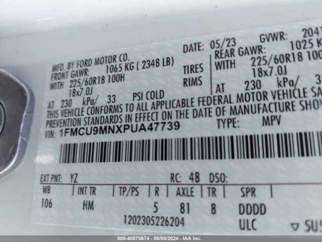 1FMCU9MNXPUA47739 Ford Escape St-line