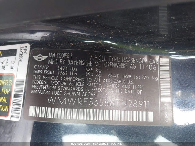 2006 MINI COOPER S WMWRE33586TN28911 Photo 8