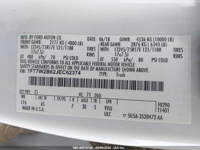 Ford F-250 Xl 2018 1FT7W2B62JEC62374 Image 9