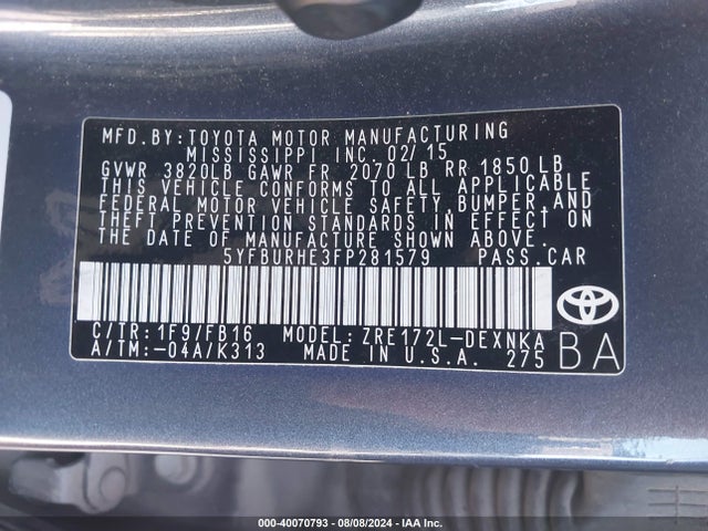 Toyota COROLLA LE 2015 5YFBURHE3FP281579 Image 9