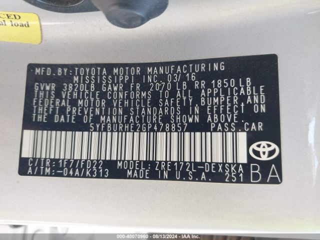5YFBURHE2GP478857 Toyota Corolla S