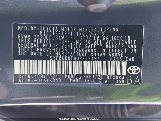Toyota COROLLA LE 2018 5YFBURHE9JP822157 Image 9