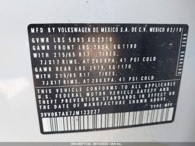 3VV0B7AX7JM123227 Volkswagen Tiguan 2.0t S