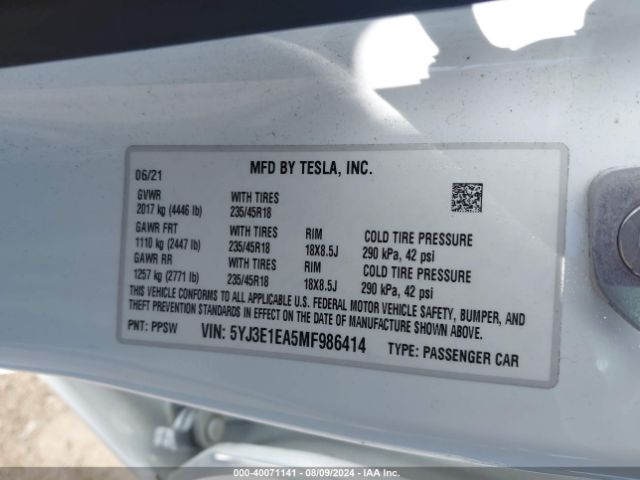 5YJ3E1EA5MF986414 Tesla Model 3 Standard Range Plus Rear-wheel Drive
