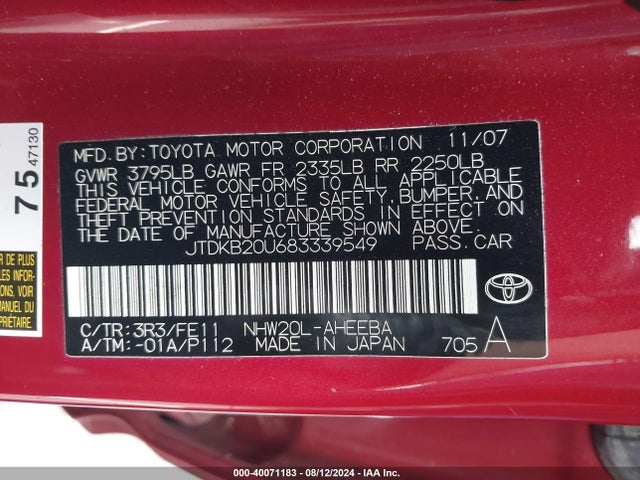 Aukcja sprzedaży 2008 Toyota Prius, vin: JTDKB20U683339549, numer aukcji: 40071183