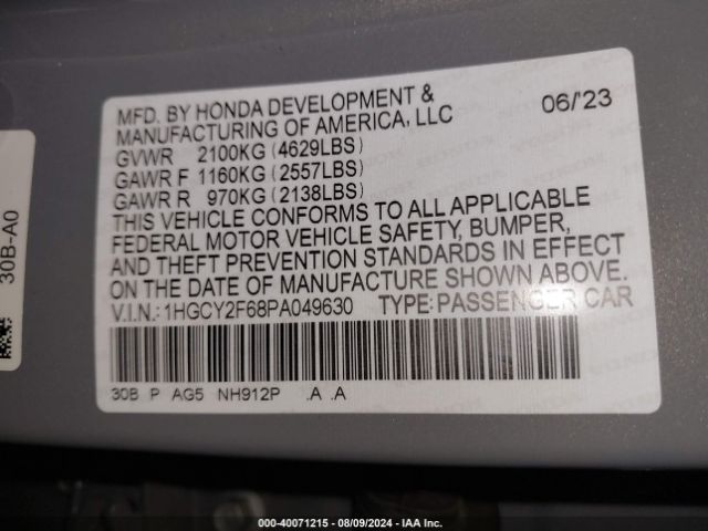 1HGCY2F68PA049630 Honda Accord Hybrid Ex-l