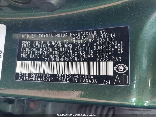 Toyota COROLLA LE 2015 2T1BURHE6FC297145 Image 9