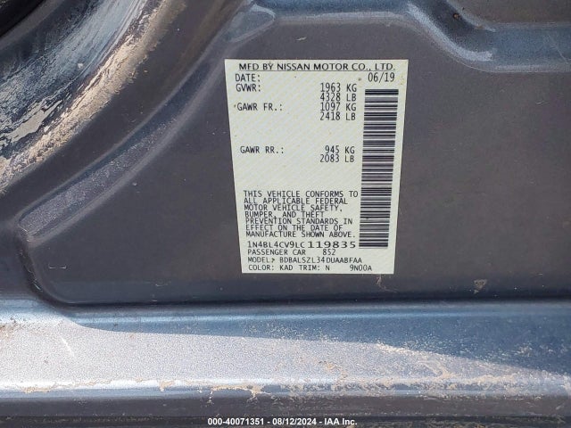1N4BL4CV9LC119835 Nissan Altima Sr Fwd